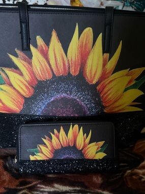 Sunflower Print Black Tote and Wallet Set